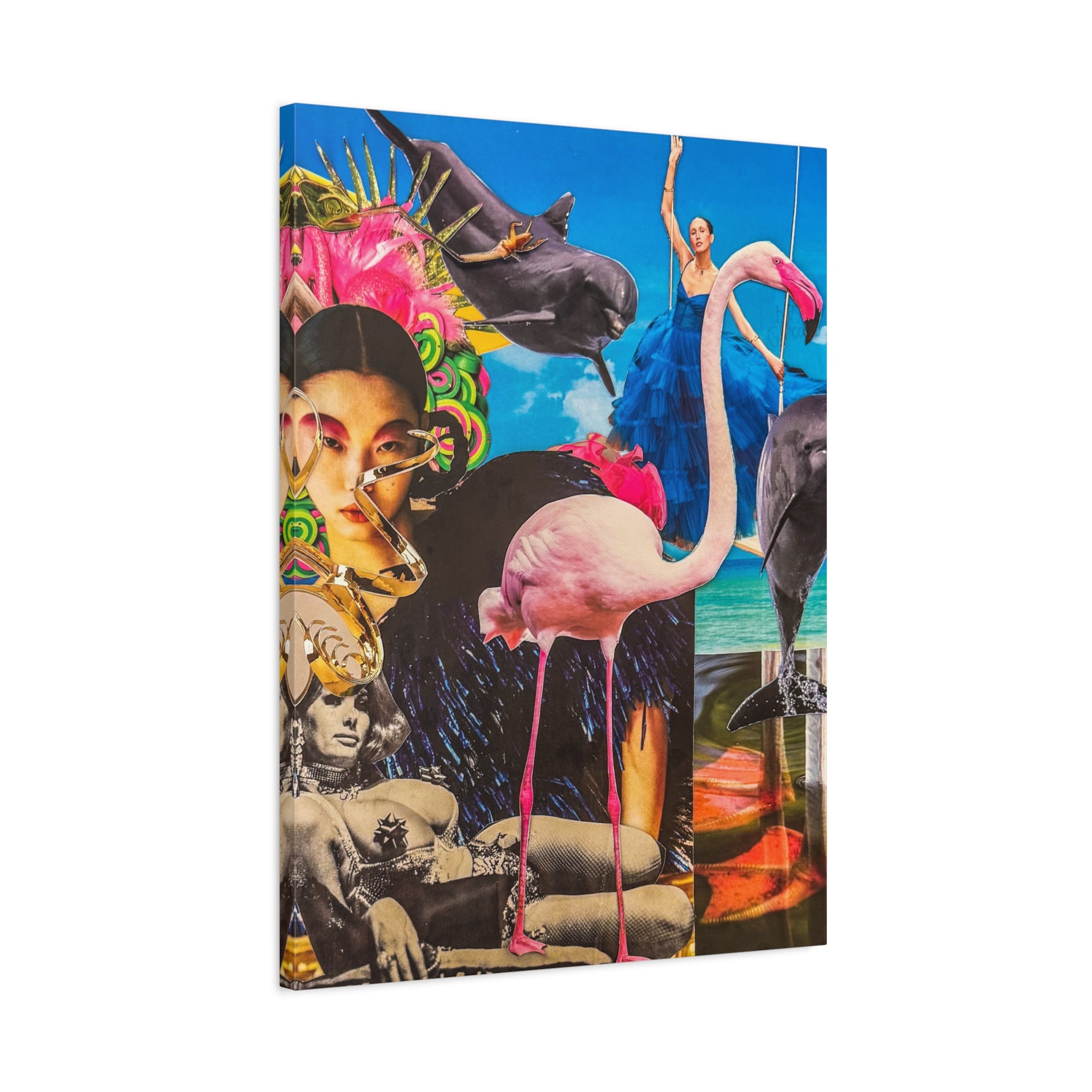 Surreal Tropical Collage Canvas Print — Flamingo & Retro Portrait Wall Art