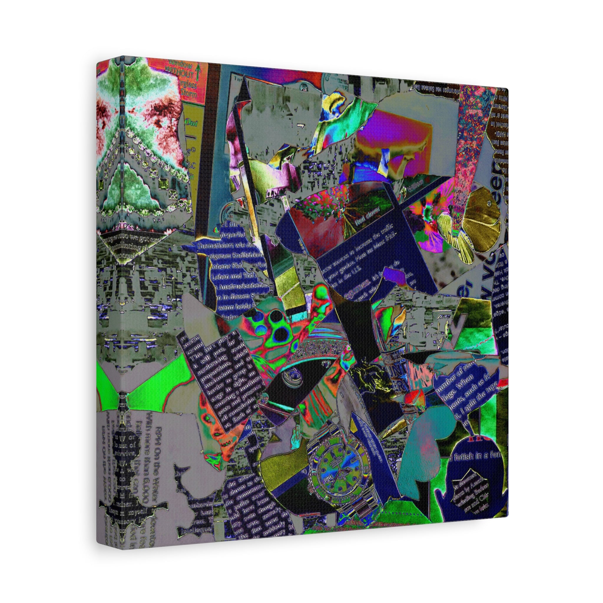 Abstract Collage Matte Canvas Print — Neon Newspaper Mixed-Media Art (Stretched 1.25")