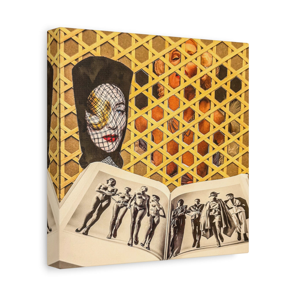 Surreal Collage Matte Canvas Wall Art — Masked Face & Vintage Photo Spread