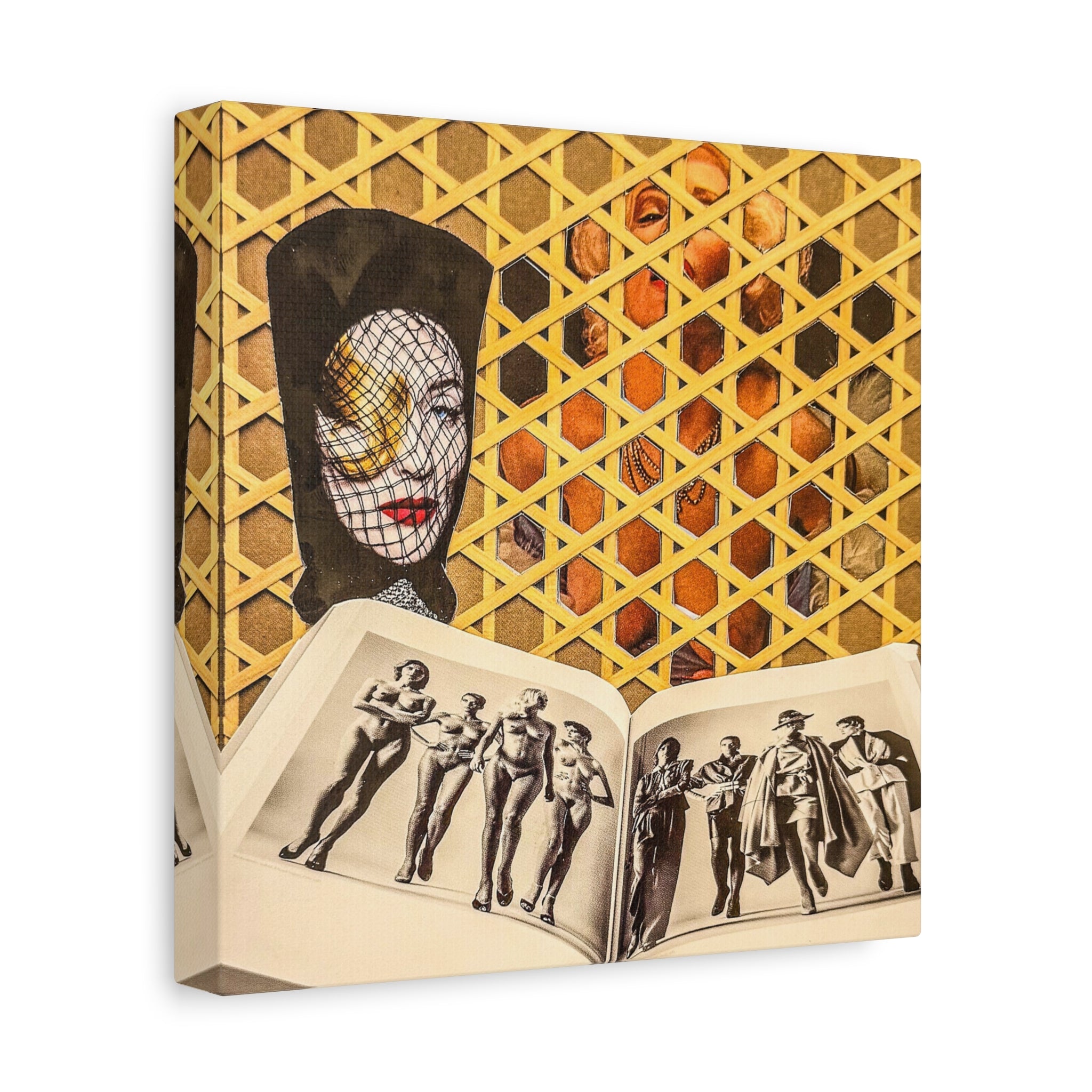 Surreal Collage Matte Canvas Wall Art — Masked Face & Vintage Photo Spread