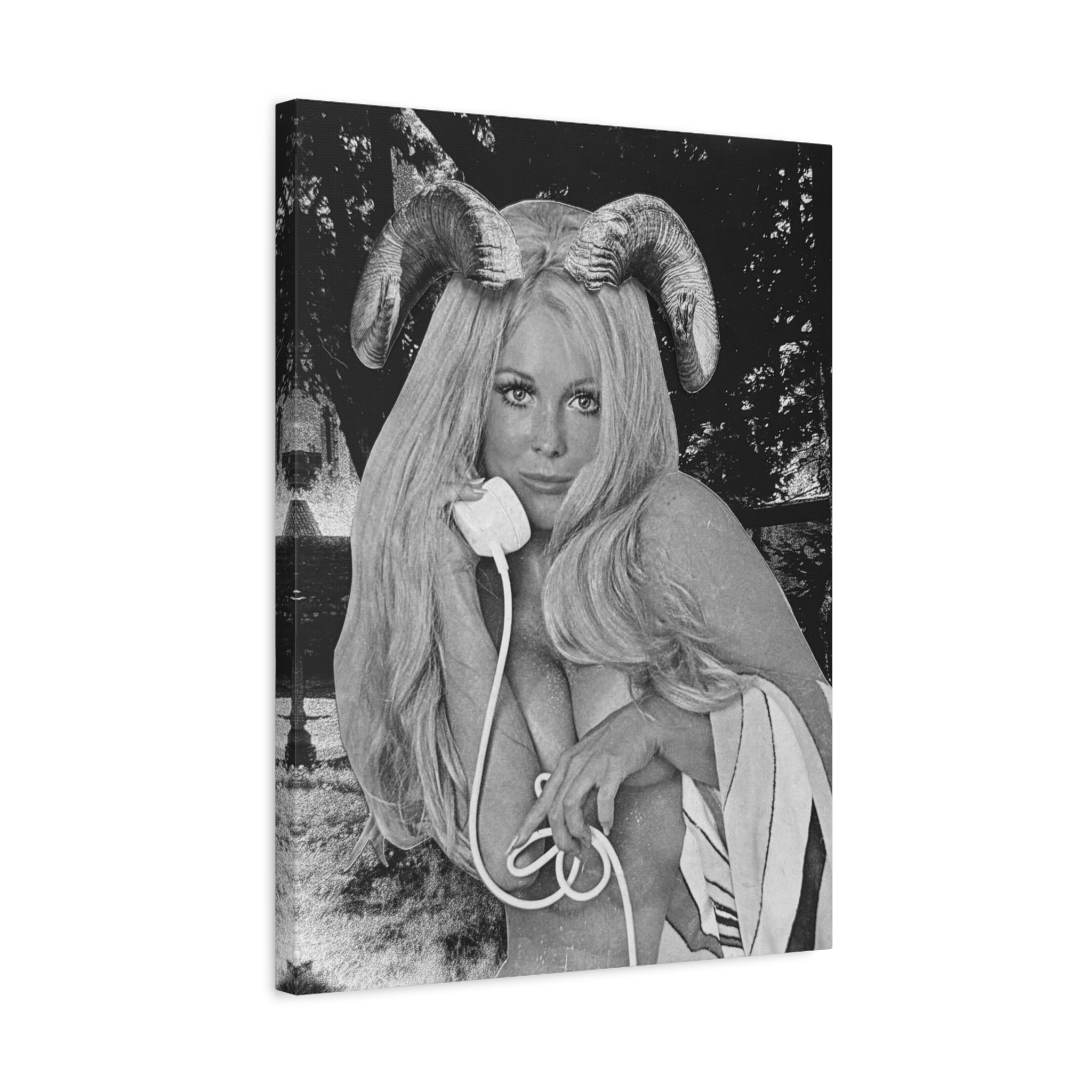 Vintage Pinup Ram Horns Canvas Art — Black & White Matte Stretched Print
