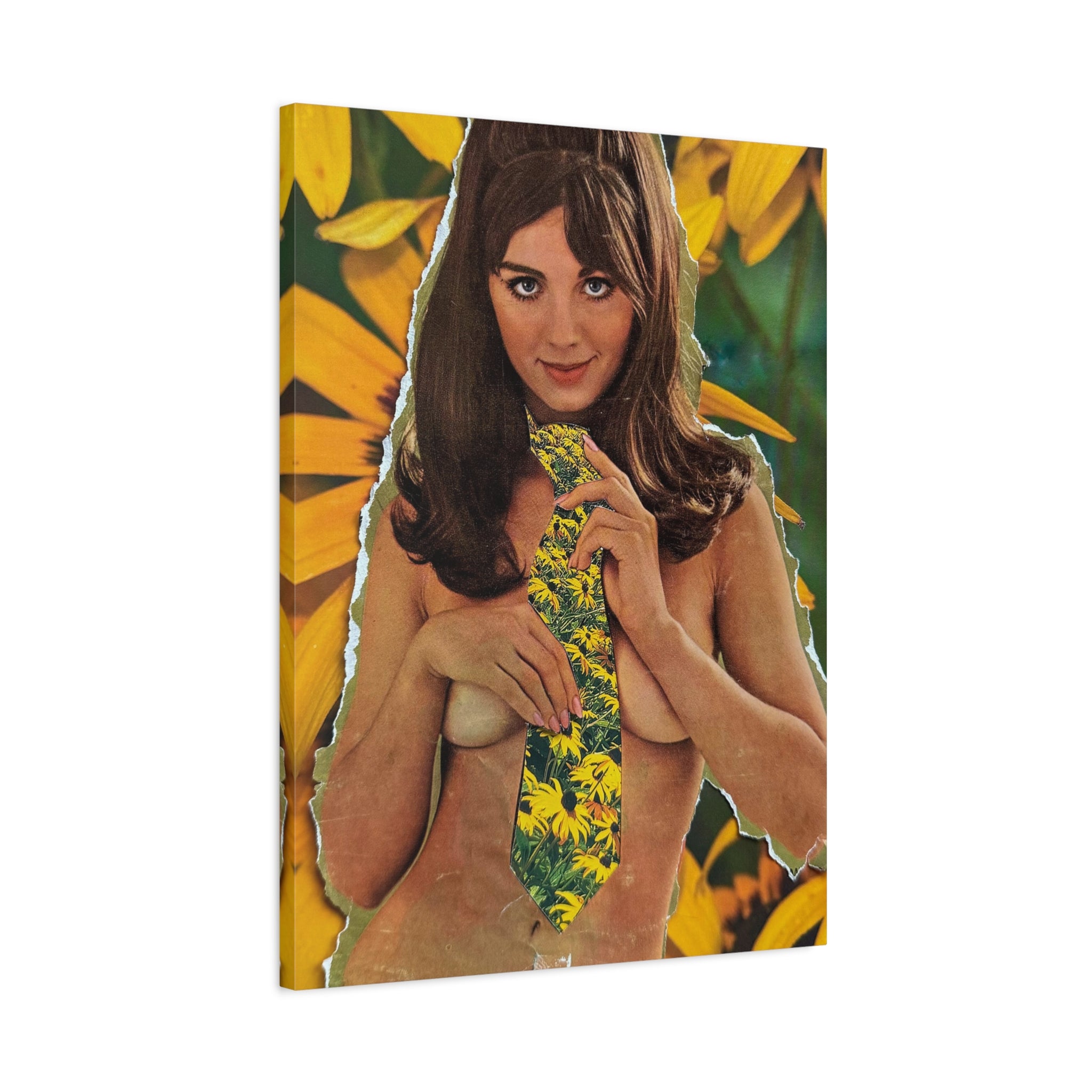 Vintage Collage Canvas Art — Floral Tie Pin-Up Stretched Matte
