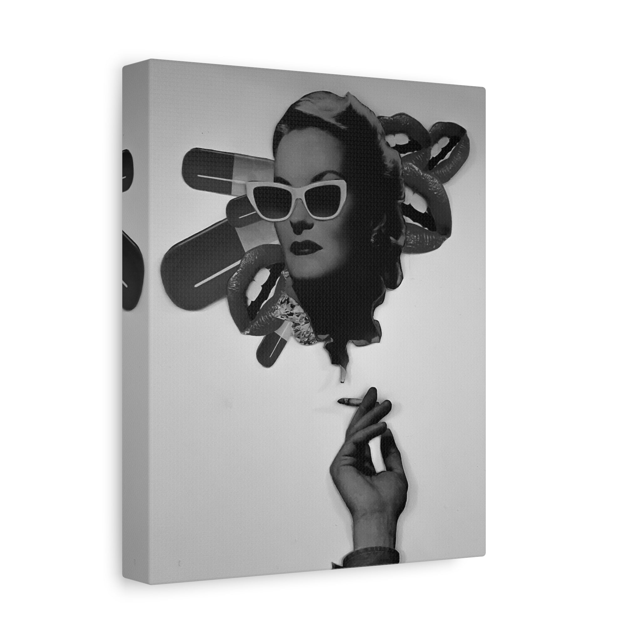 Vintage Noir Pop Art Canvas — Retro Woman with Sunglasses & Cigarette