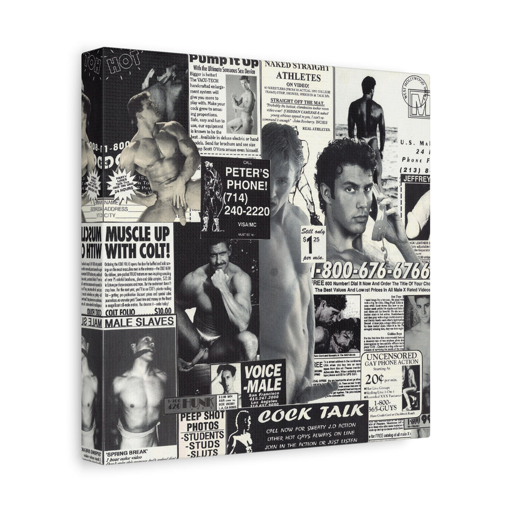 Vintage Male Ads Collage Matte Canvas Print — Retro Gym & Pinup Wall Art