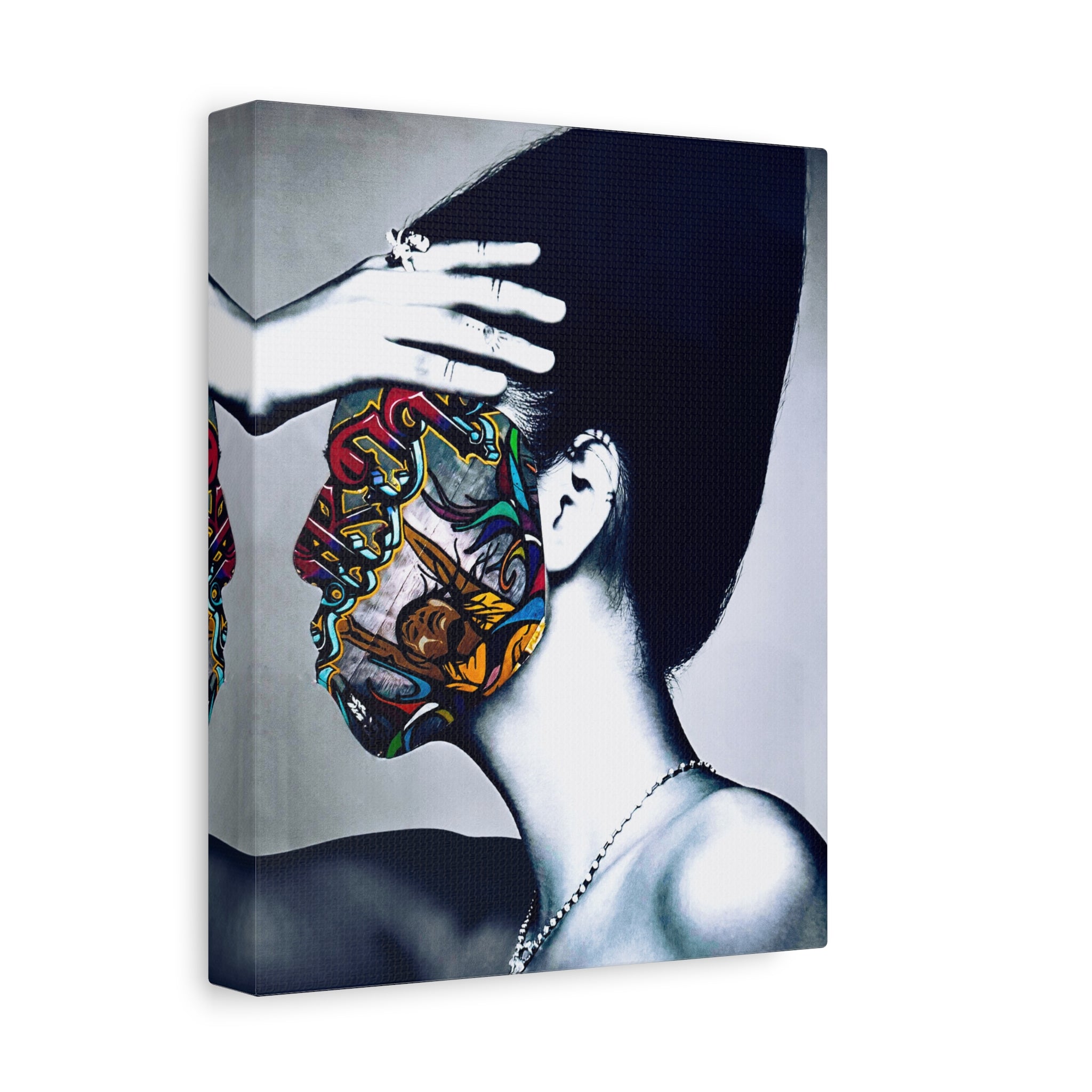 Portrait Canvas Art — Monochrome Woman with Colorful Tattoo Face, Modern Wall Art Print