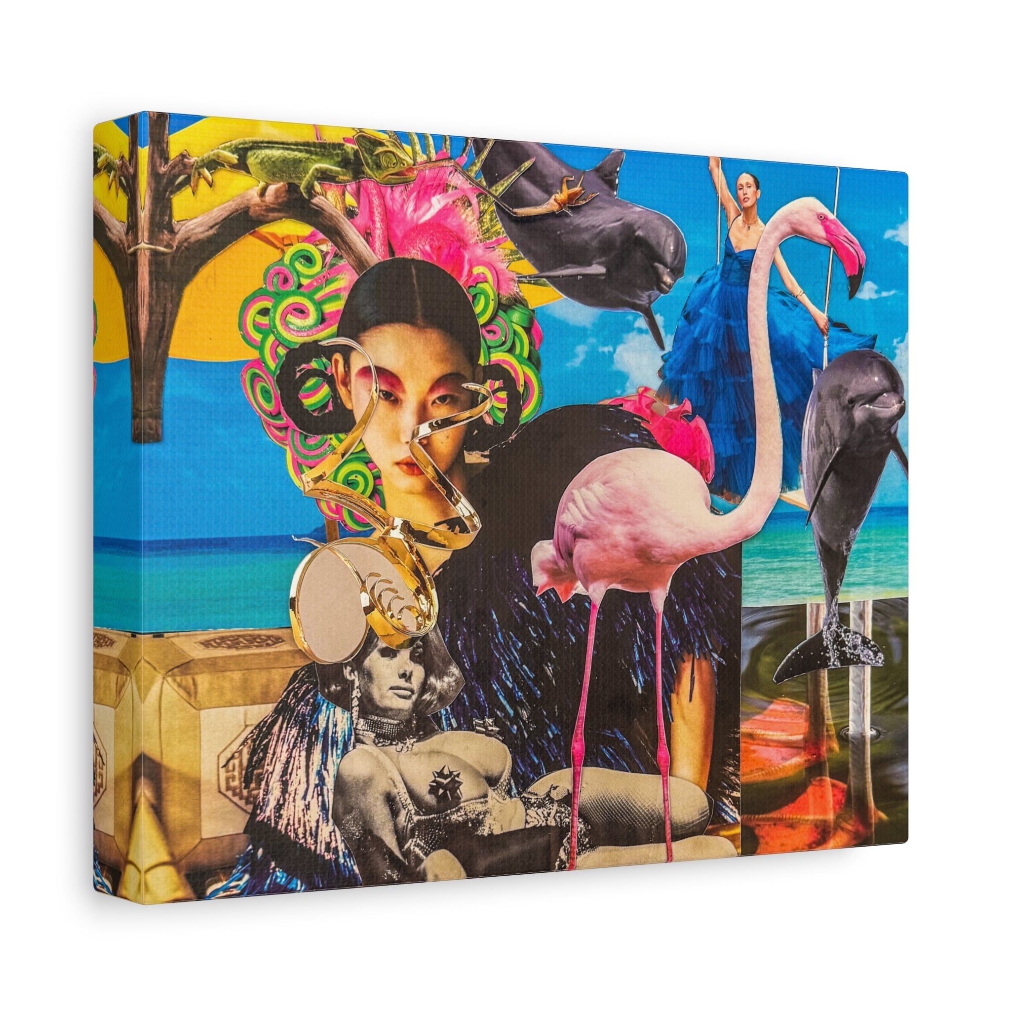 Surreal Tropical Collage Canvas Print — Flamingo & Retro Portrait Wall Art
