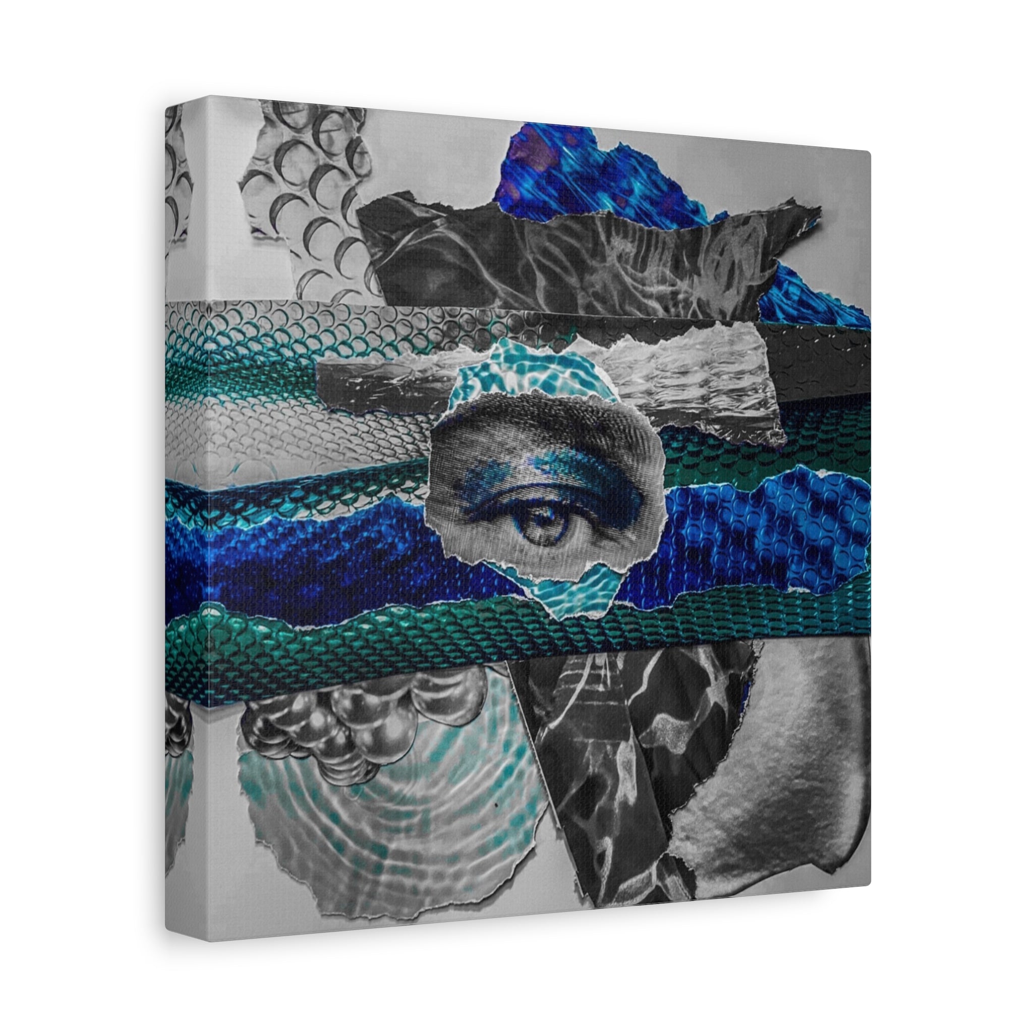 Surreal Eye Collage Matte Canvas Art – Blue Mixed Media Wall Decor
