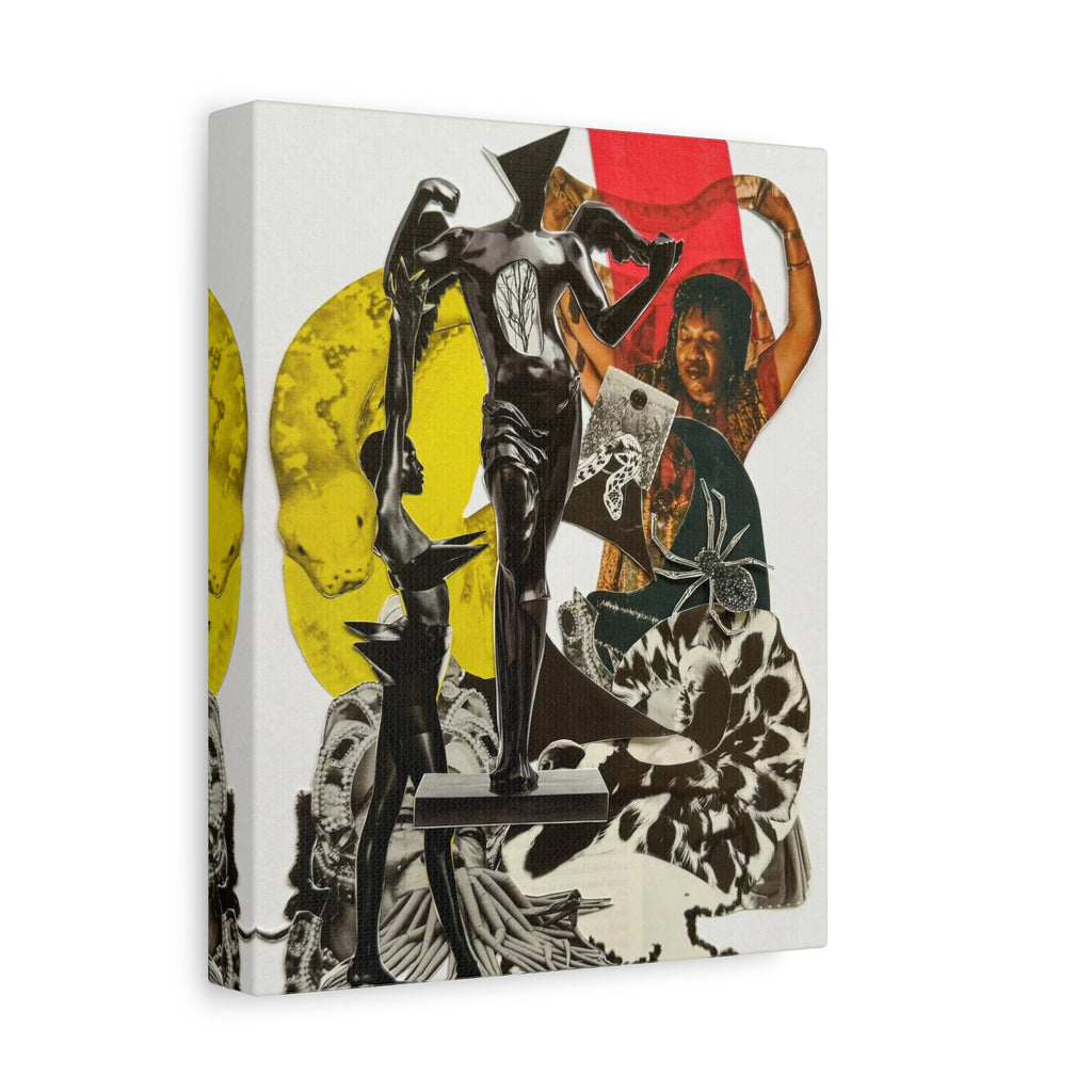 Abstract Collage Canvas Print — Surreal Figurative Art with Yellow & Red Accents