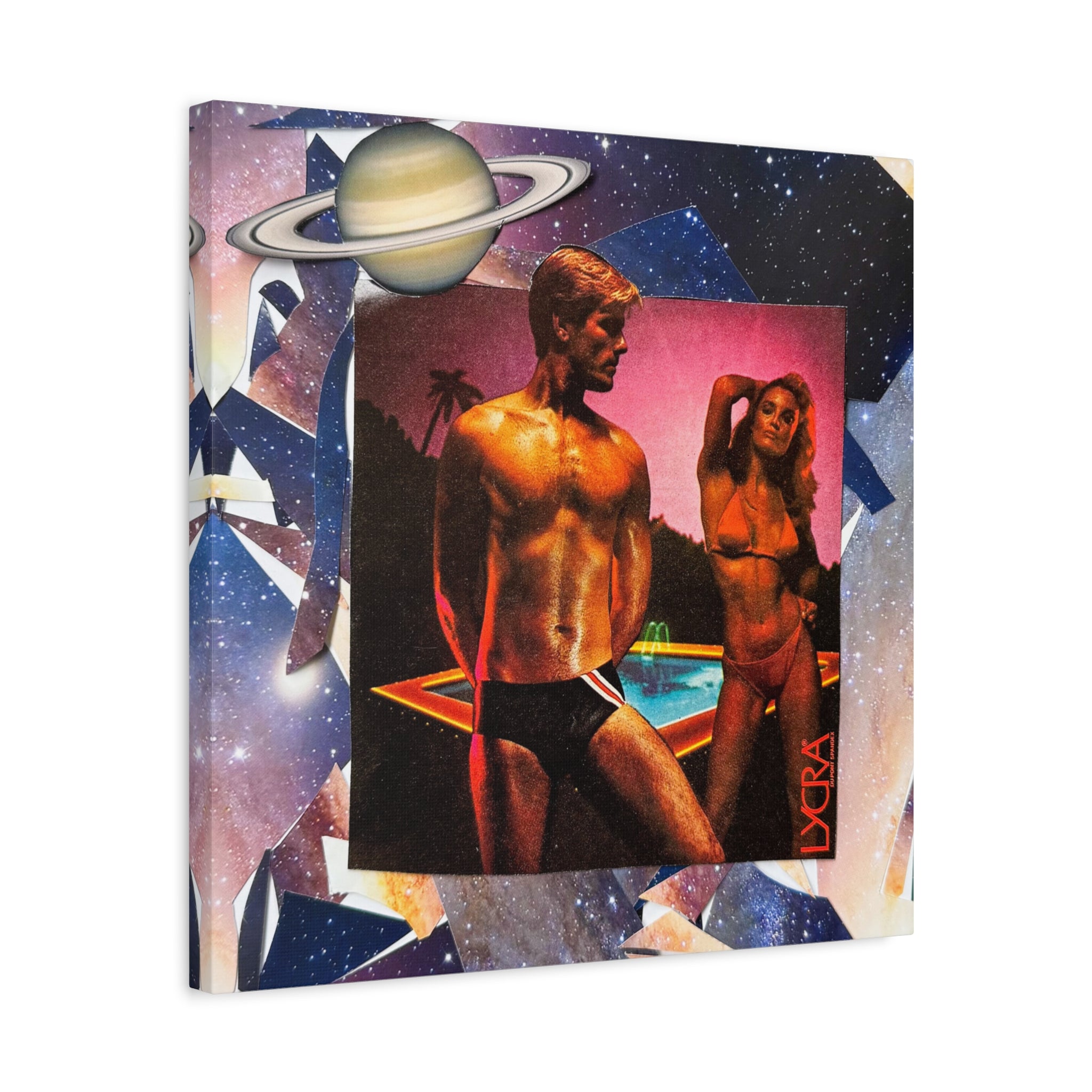 Retro Space Pool Canvas Print — Vintage 80s Bikini & Swim Trunks Wall Art