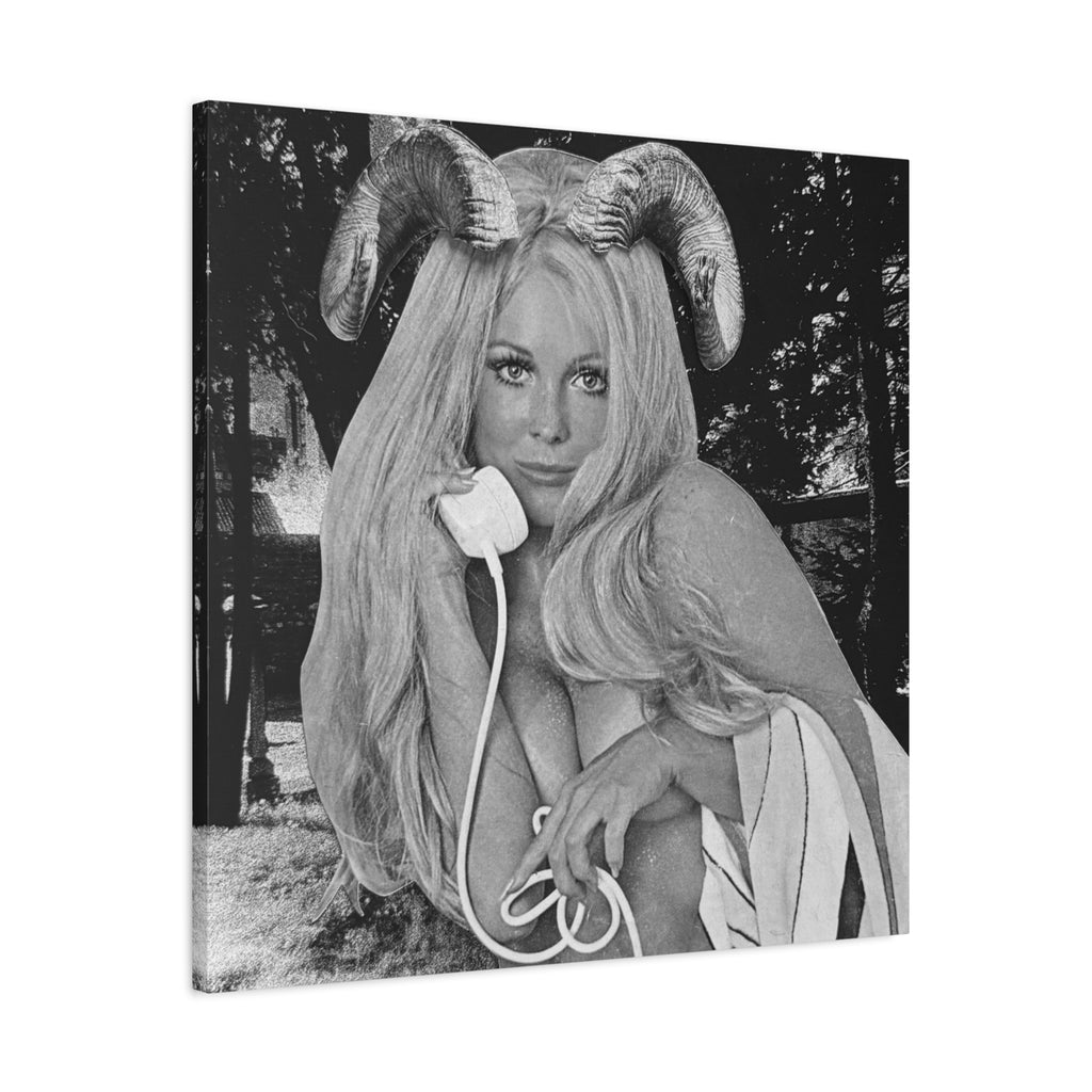 Vintage Pinup Ram Horns Canvas Art — Black & White Matte Stretched Print