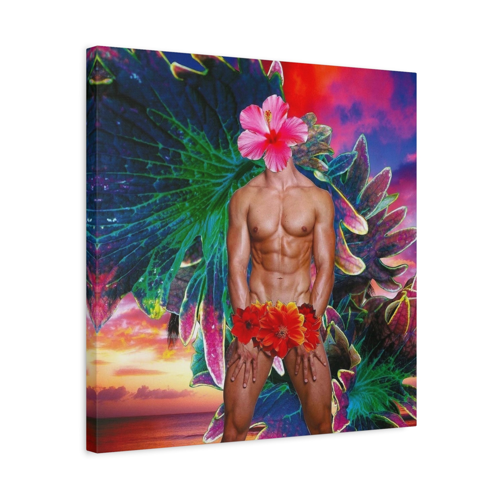 Tropical Fantasy Canvas Art — Floral-Headed Male Figure Matte Stretched Print