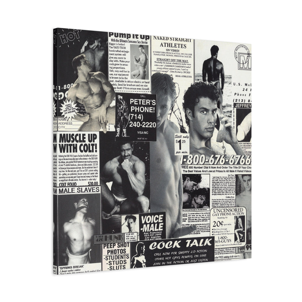 Vintage Male Ads Collage Matte Canvas Print — Retro Gym & Pinup Wall Art
