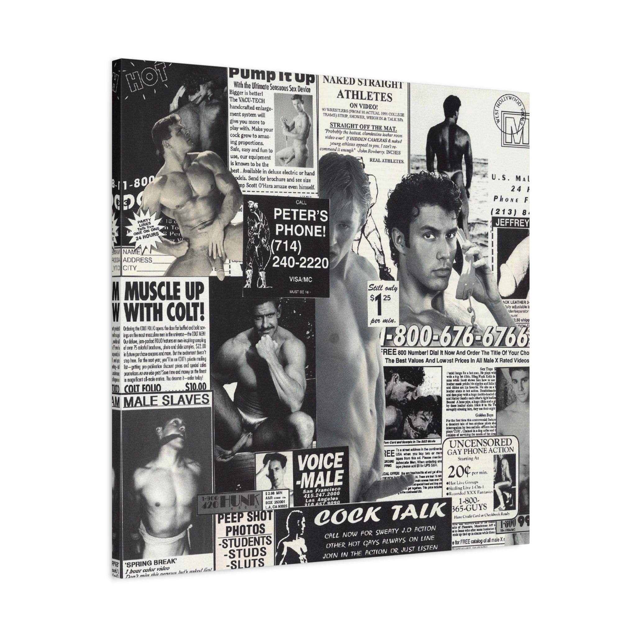 Vintage Male Ads Collage Matte Canvas Print — Retro Gym & Pinup Wall Art