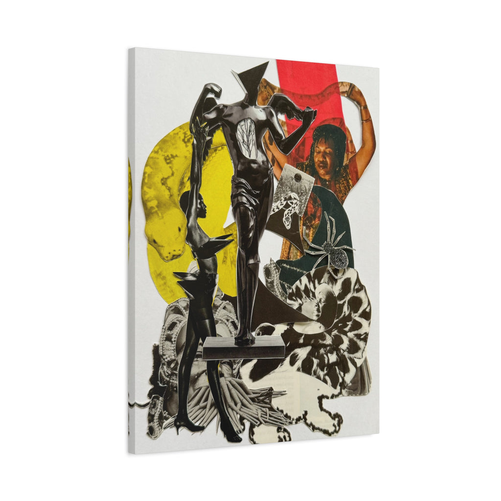 Abstract Collage Canvas Print — Surreal Figurative Art with Yellow & Red Accents
