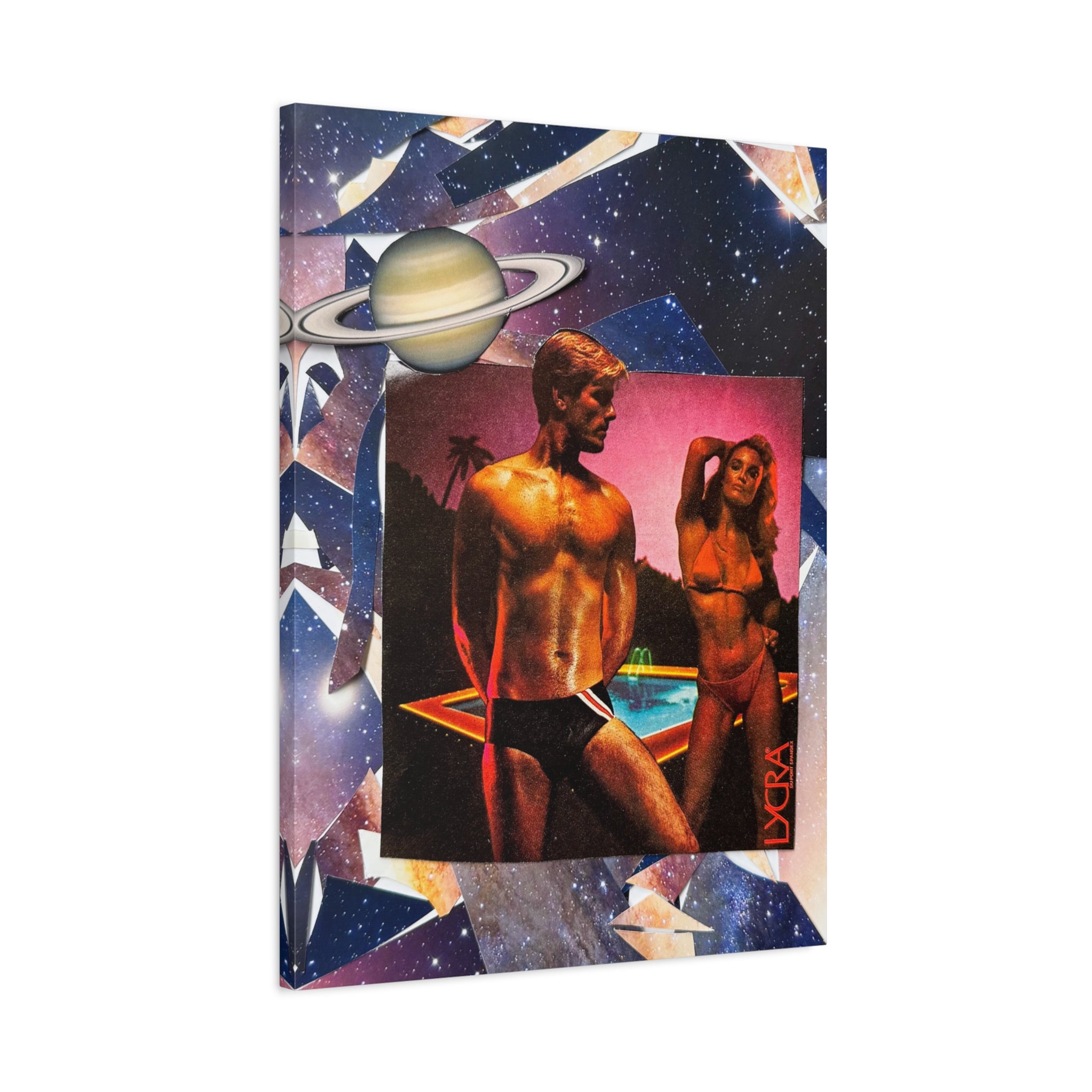 Retro Space Pool Canvas Print — Vintage 80s Bikini & Swim Trunks Wall Art