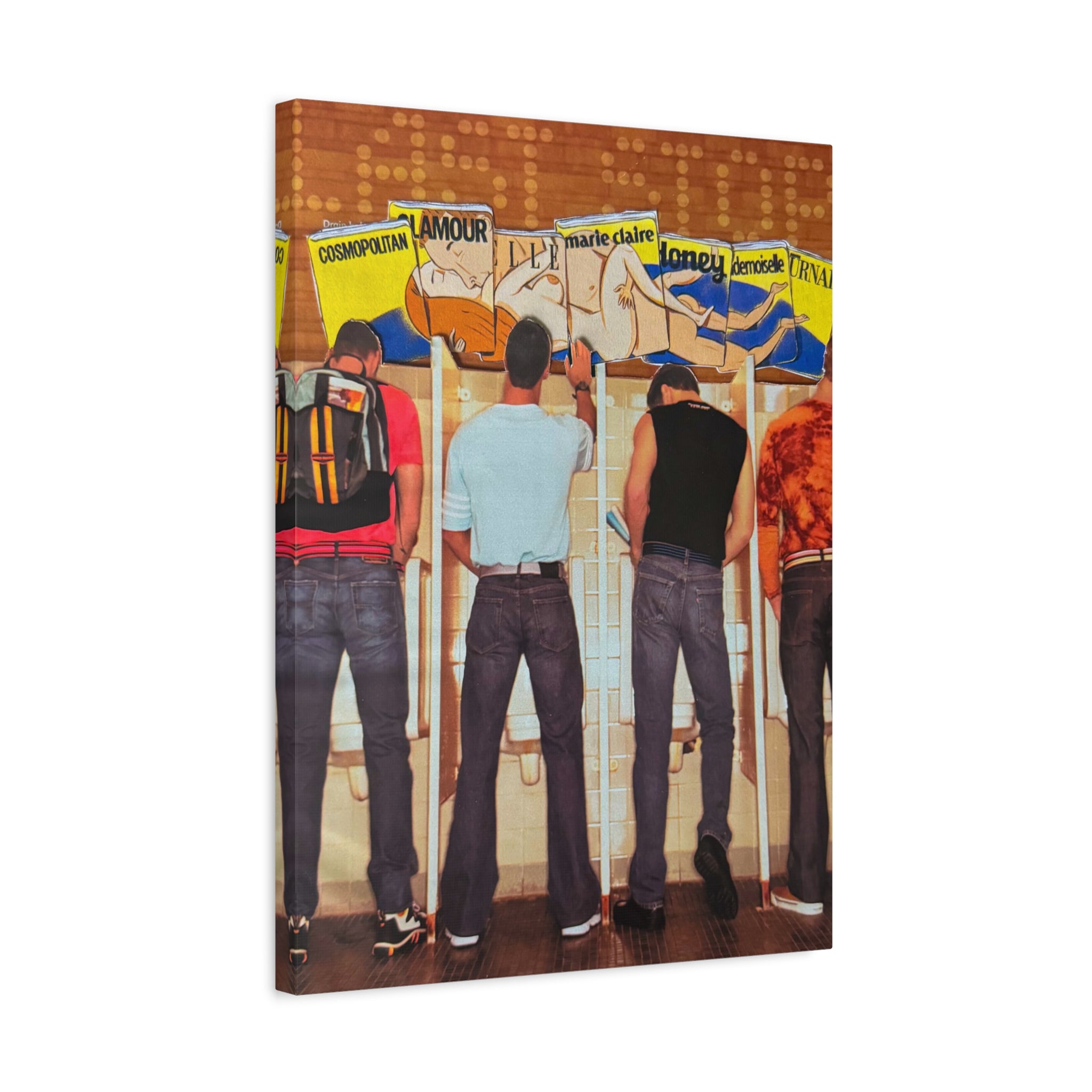 Retro Guys at Urinal Matte Canvas Wall Art — Funny Vintage Bathroom Pop Art