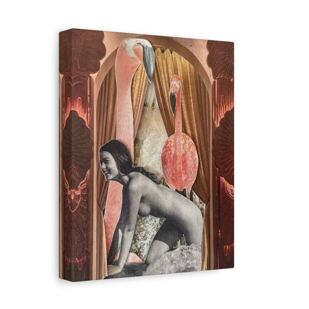 Surreal Flamingo Collage Canvas Art — Retro Nude Figure Wall Print
