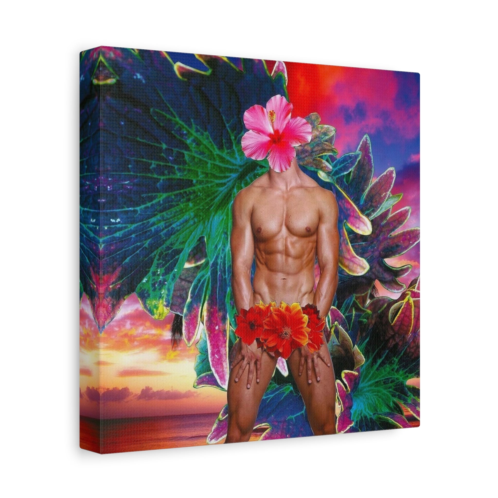 Tropical Fantasy Canvas Art — Floral-Headed Male Figure Matte Stretched Print