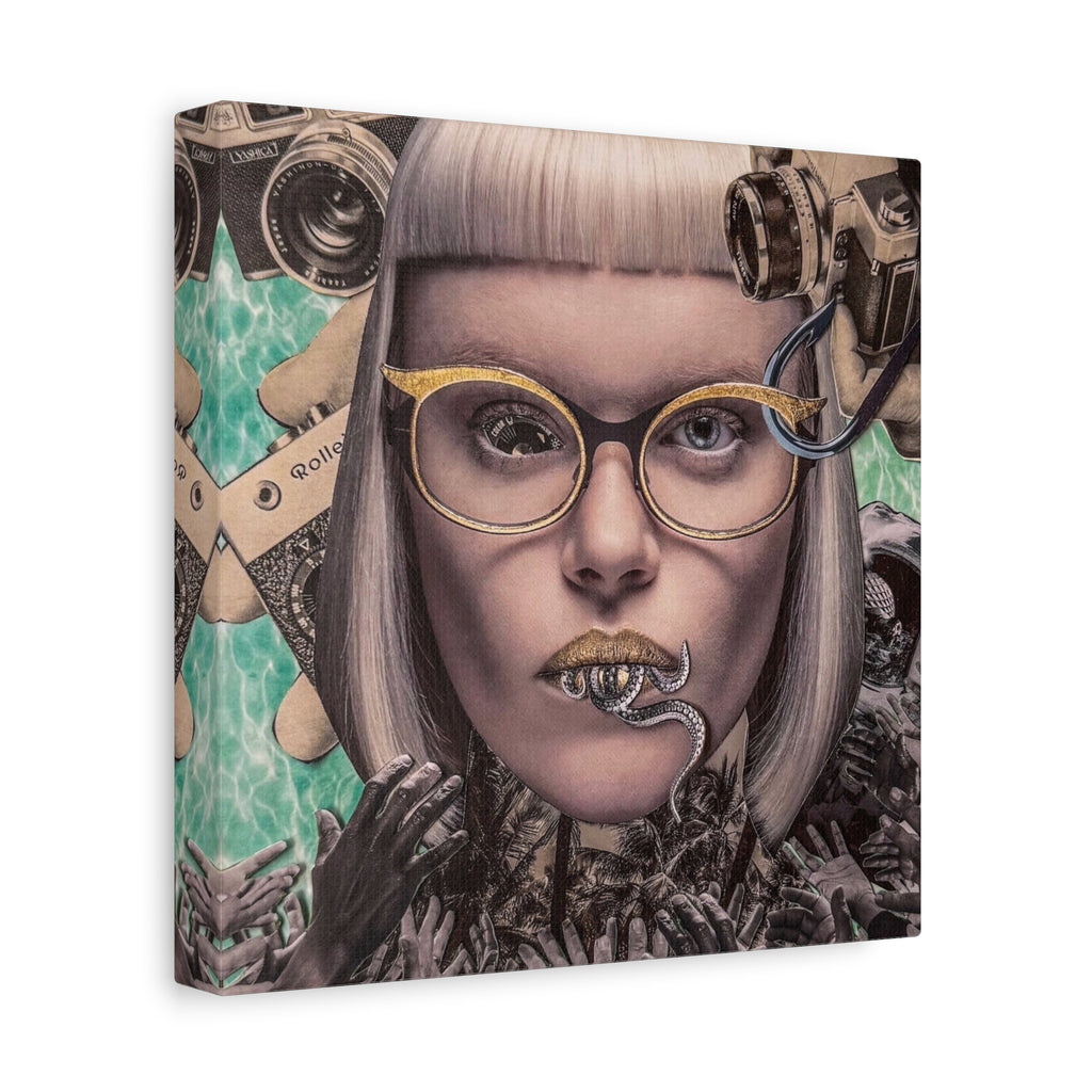 Surreal Portrait Canvas Art — Retro Camera & Golden Glasses