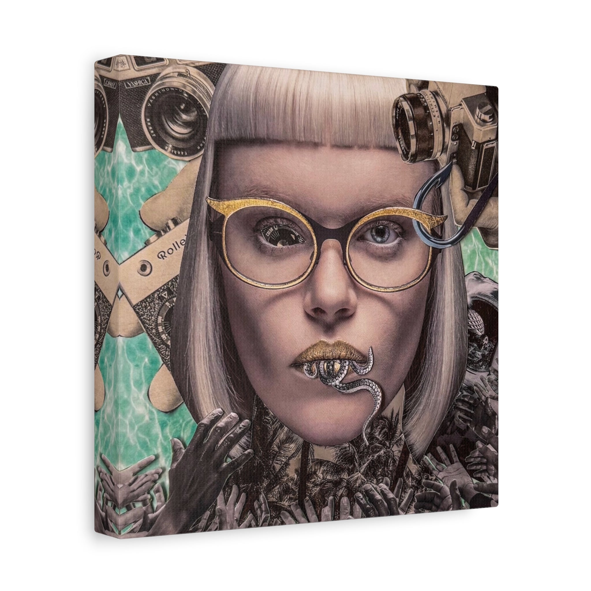 Surreal Portrait Canvas Art — Retro Camera & Golden Glasses