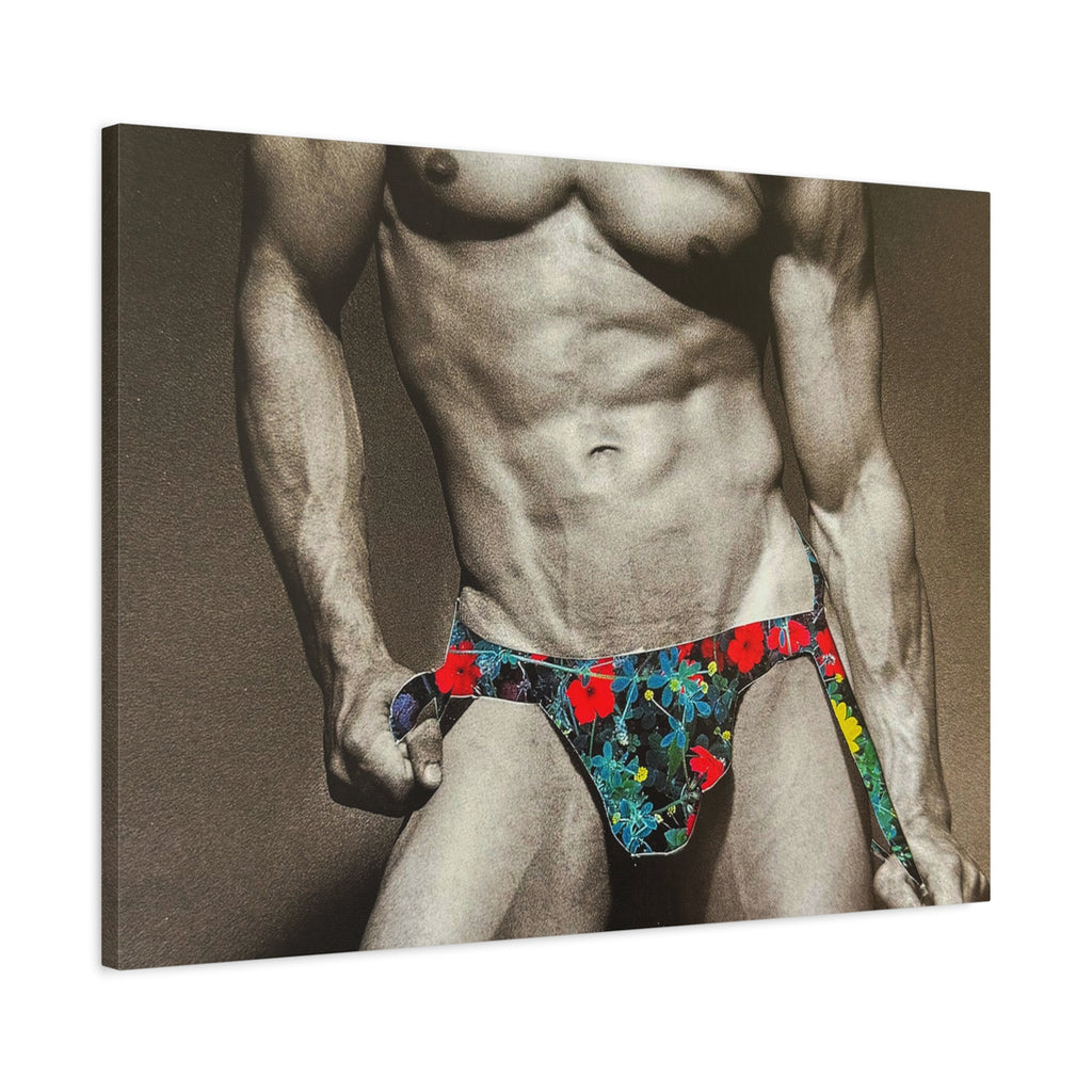 Male Pin-Up Art Canvas Print — Vintage Bodybuilder in Floral Swimwear (Matte Stretched 1.25")