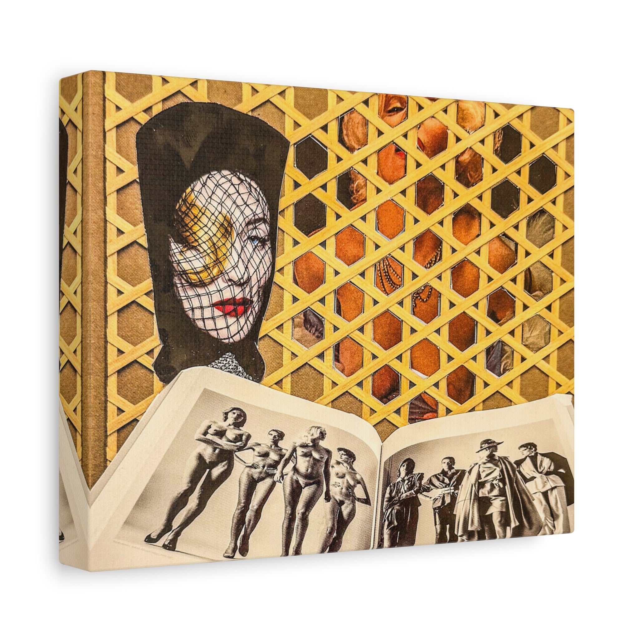 Surreal Collage Matte Canvas Wall Art — Masked Face & Vintage Photo Spread