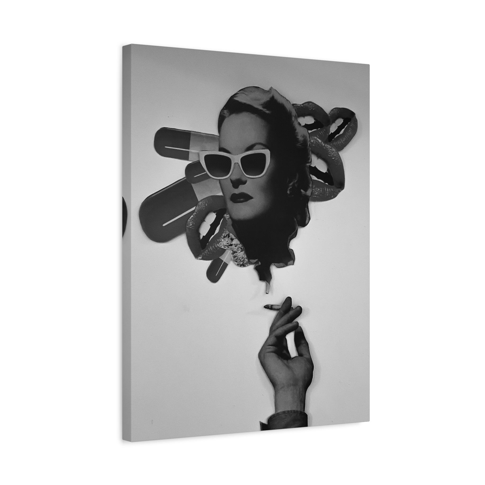 Vintage Noir Pop Art Canvas — Retro Woman with Sunglasses & Cigarette