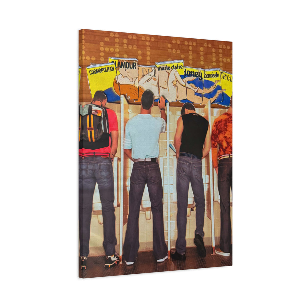 Retro Guys at Urinal Matte Canvas Wall Art — Funny Vintage Bathroom Pop Art