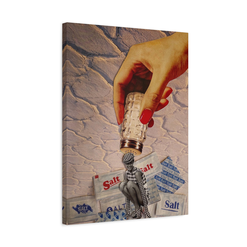 Surreal Salt Shower Canvas Art — Vintage Hand, Pin-Up Figure & Salt Pack Collage