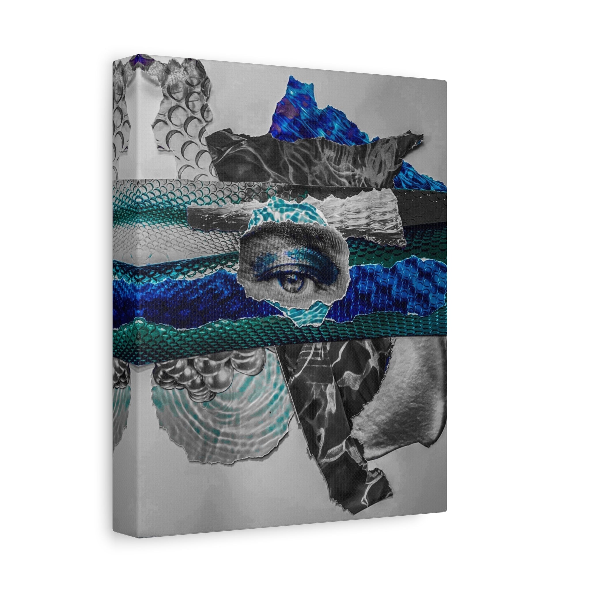 Surreal Eye Collage Matte Canvas Art – Blue Mixed Media Wall Decor