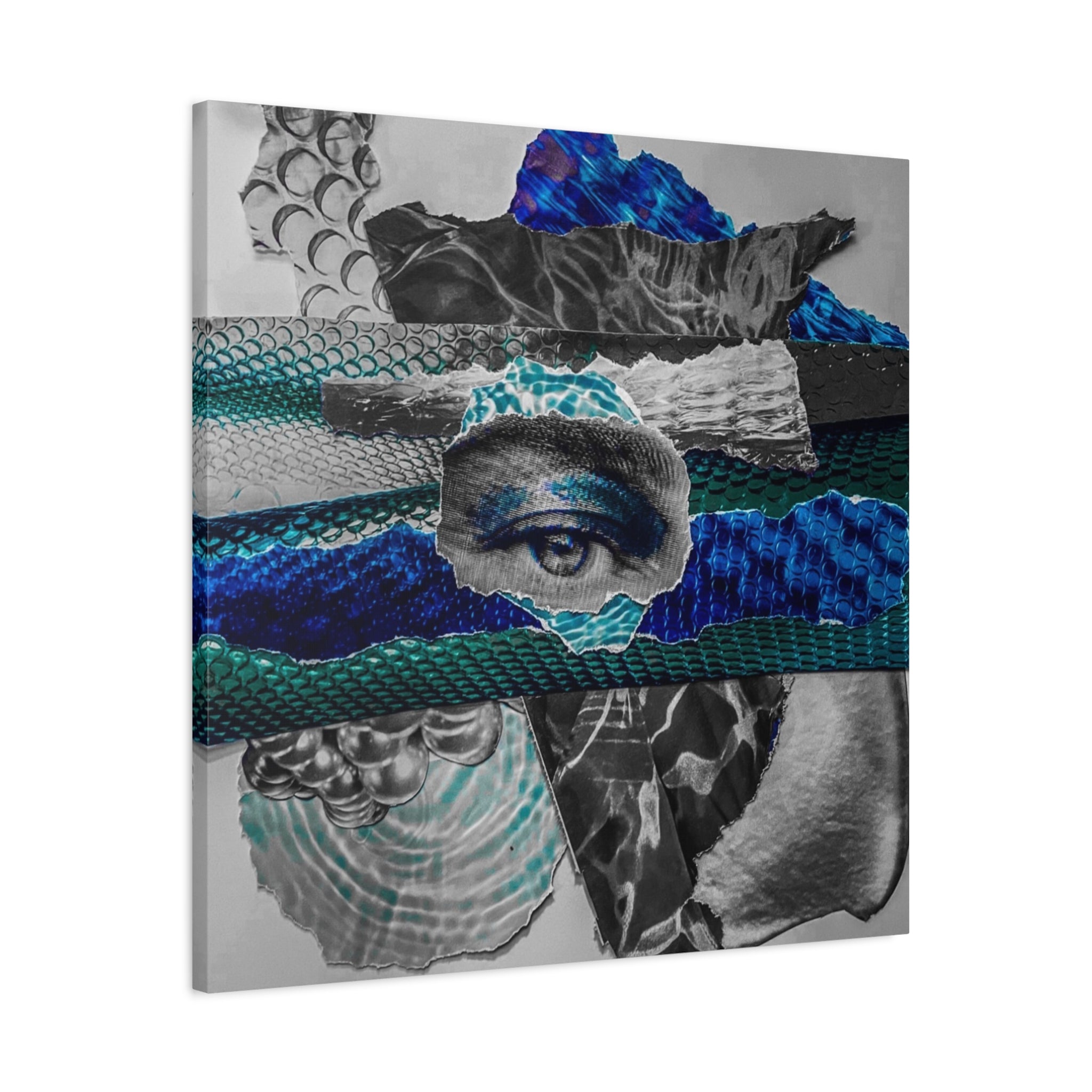Surreal Eye Collage Matte Canvas Art – Blue Mixed Media Wall Decor