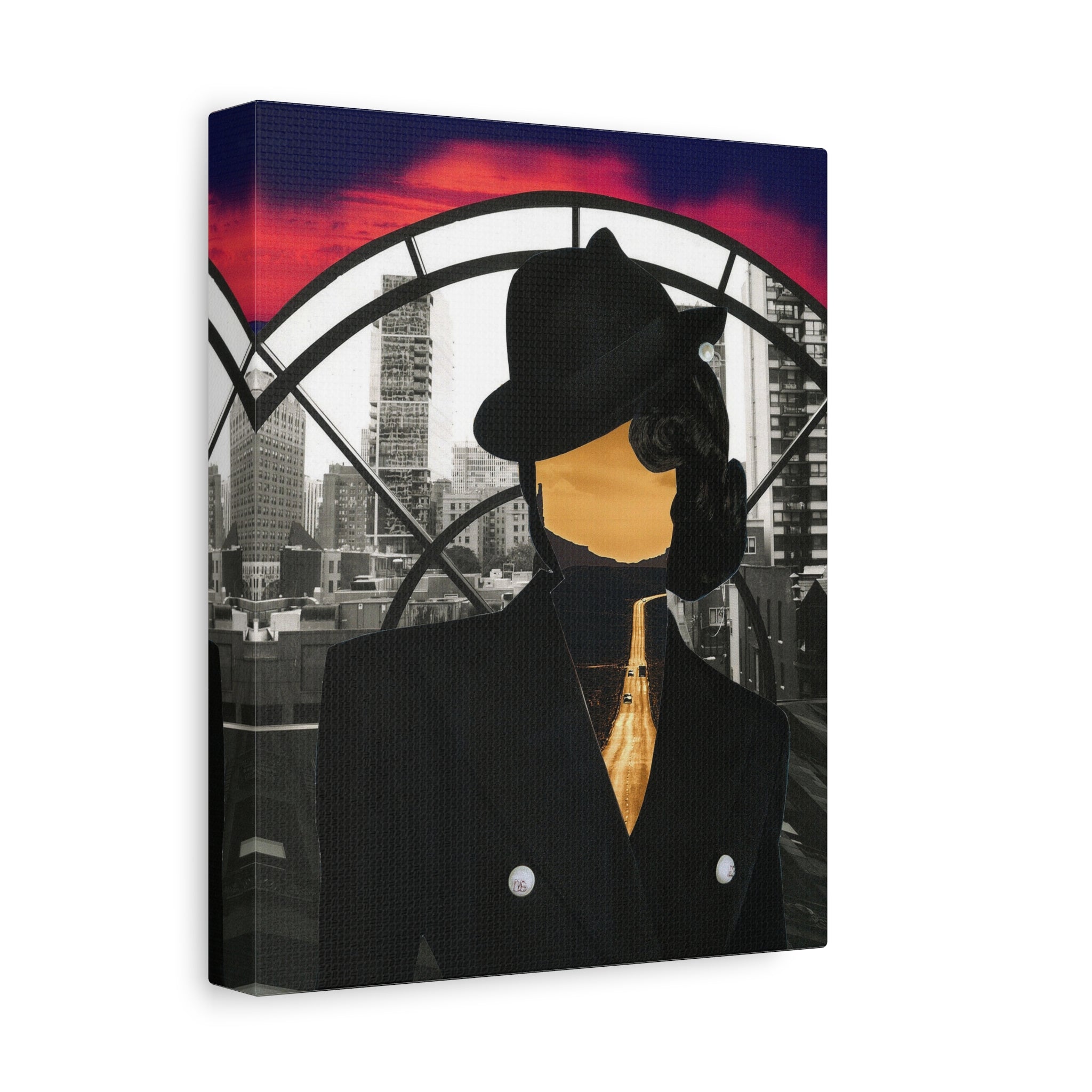 Surreal Cityscape Canvas Art — Faceless Figure with Sunset Road