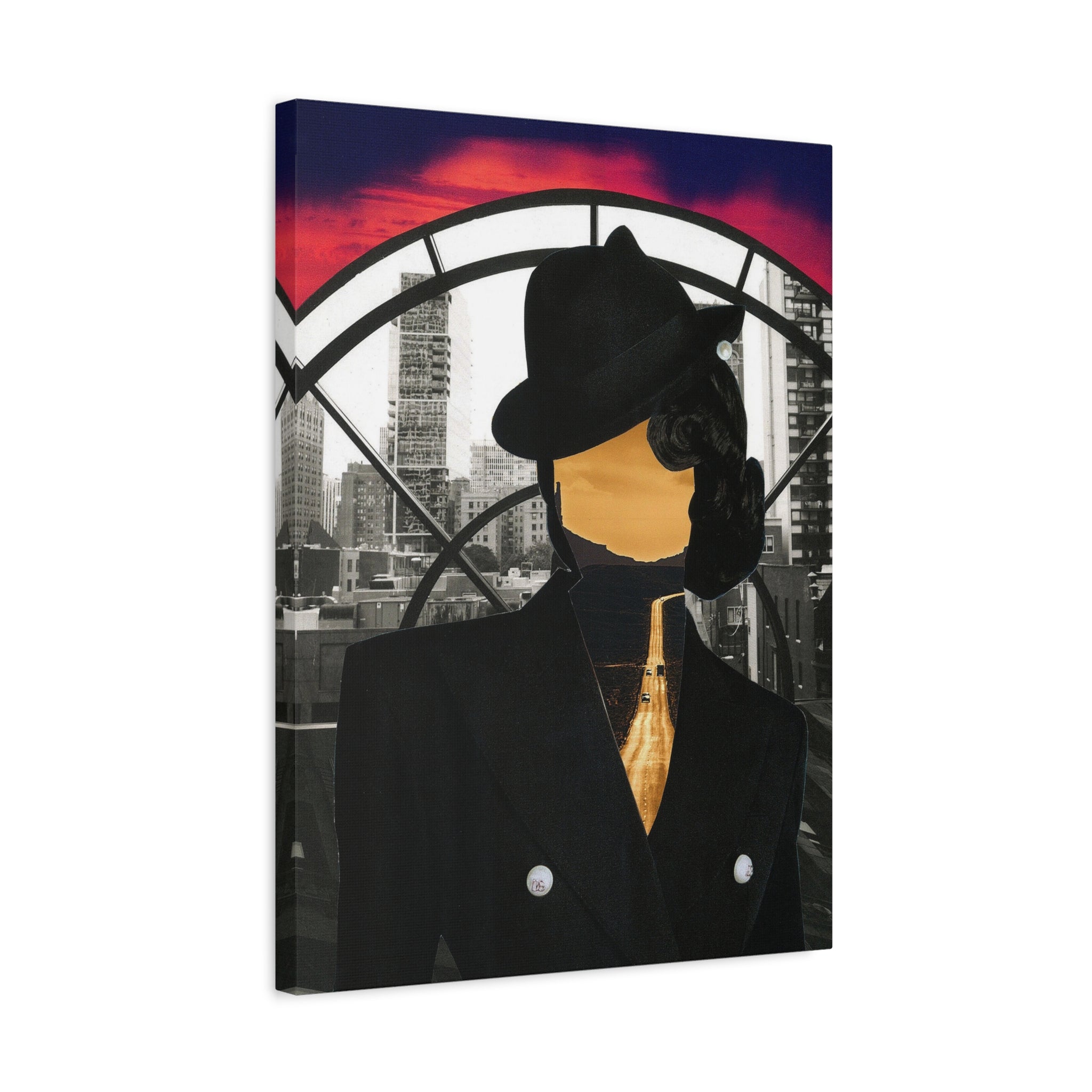 Surreal Cityscape Canvas Art — Faceless Figure with Sunset Road