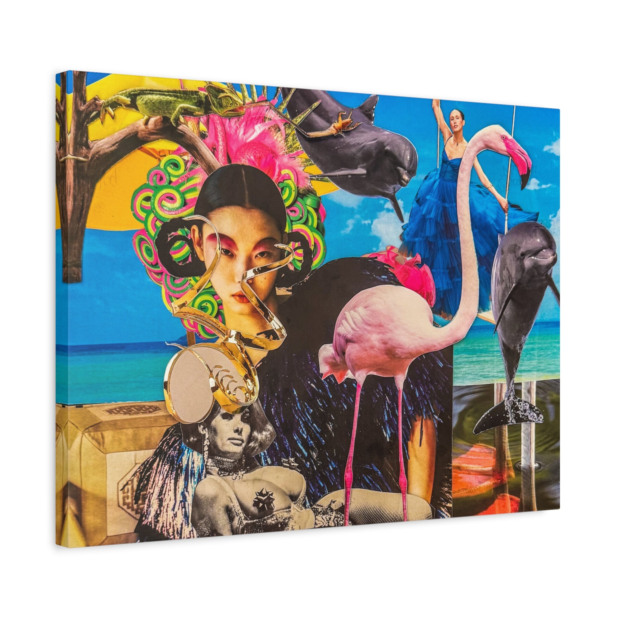 Surreal Tropical Collage Canvas Print — Flamingo & Retro Portrait Wall Art