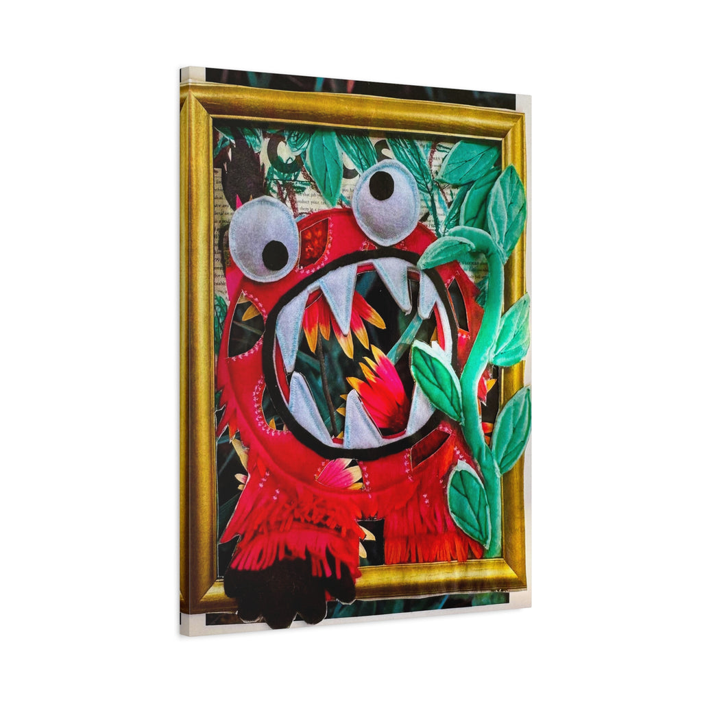 Playful Monster Art Canvas – Red Monster with Leaves Stretched Matte Print