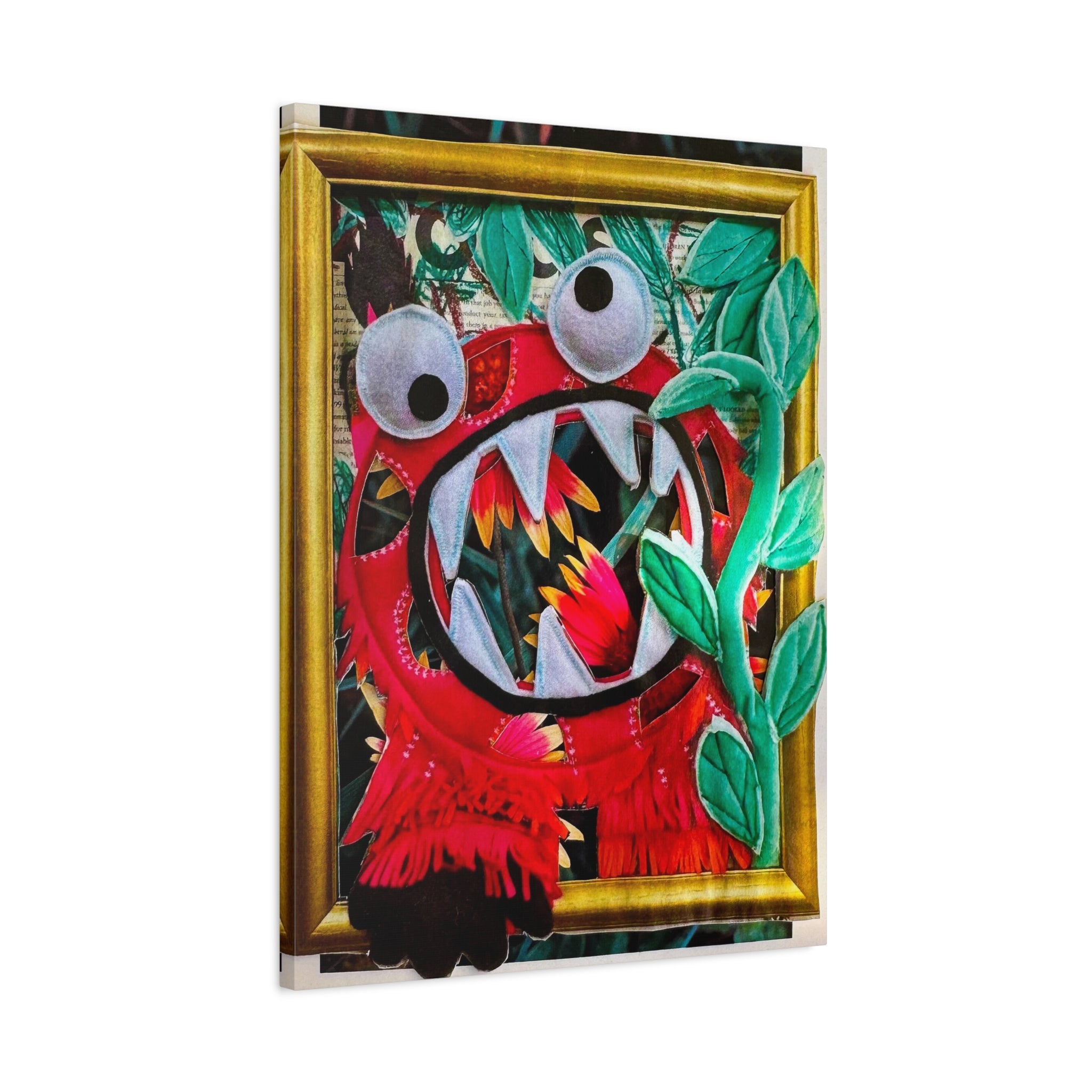 Playful Monster Art Canvas – Red Monster with Leaves Stretched Matte Print